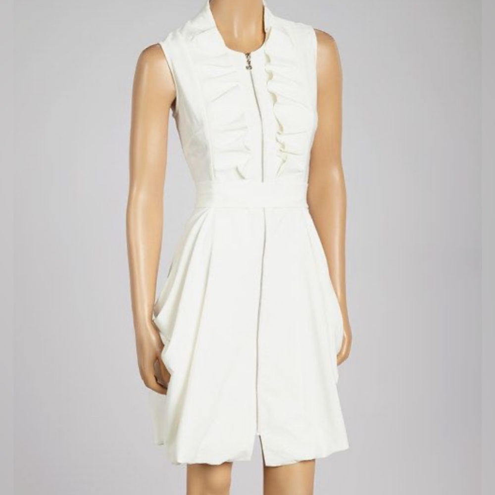Samuel Dong Size S White Zip Dress W/ Draped Hips And Front Ruffle